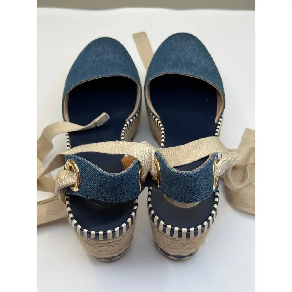 TORY BURCH DANDY Espadrille Platform SZ 6.5M Blue Jean Ankle Wrap Sandals - Picture 11 of 13